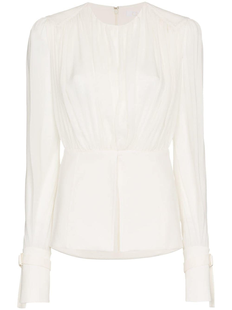 White Sheer Gathered Silk Blouse