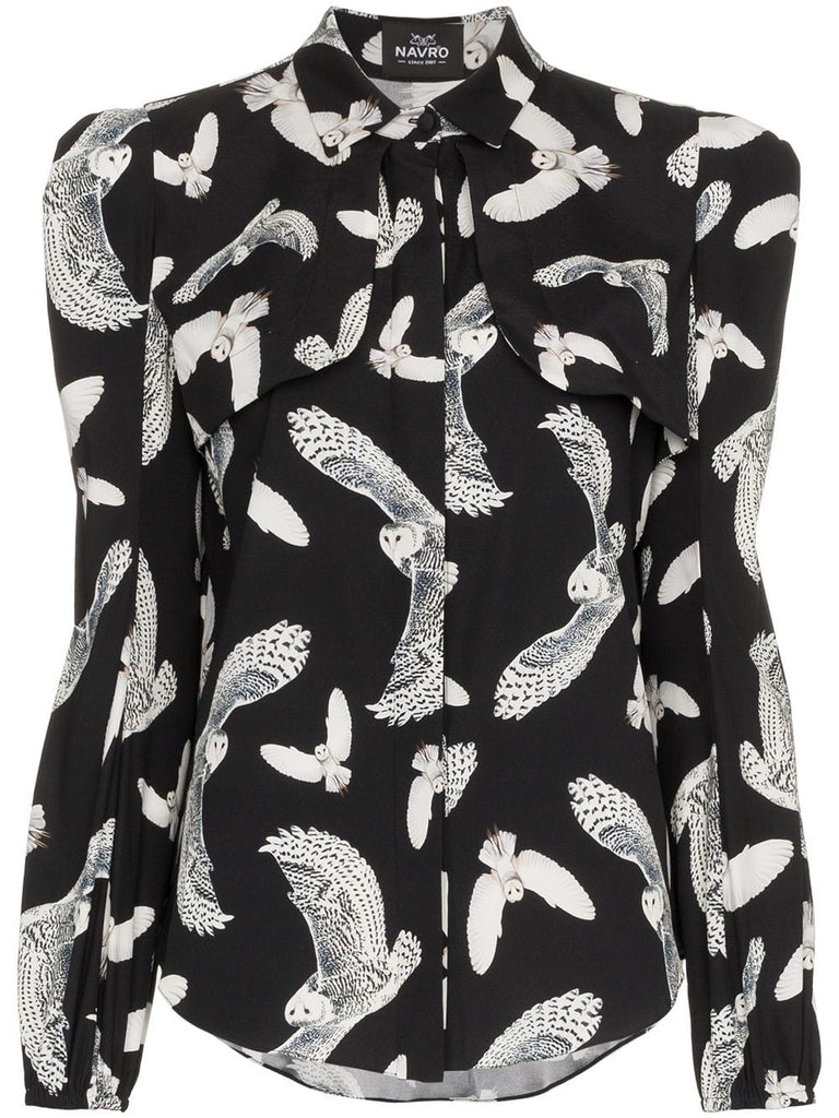 owl print silk blend shirt