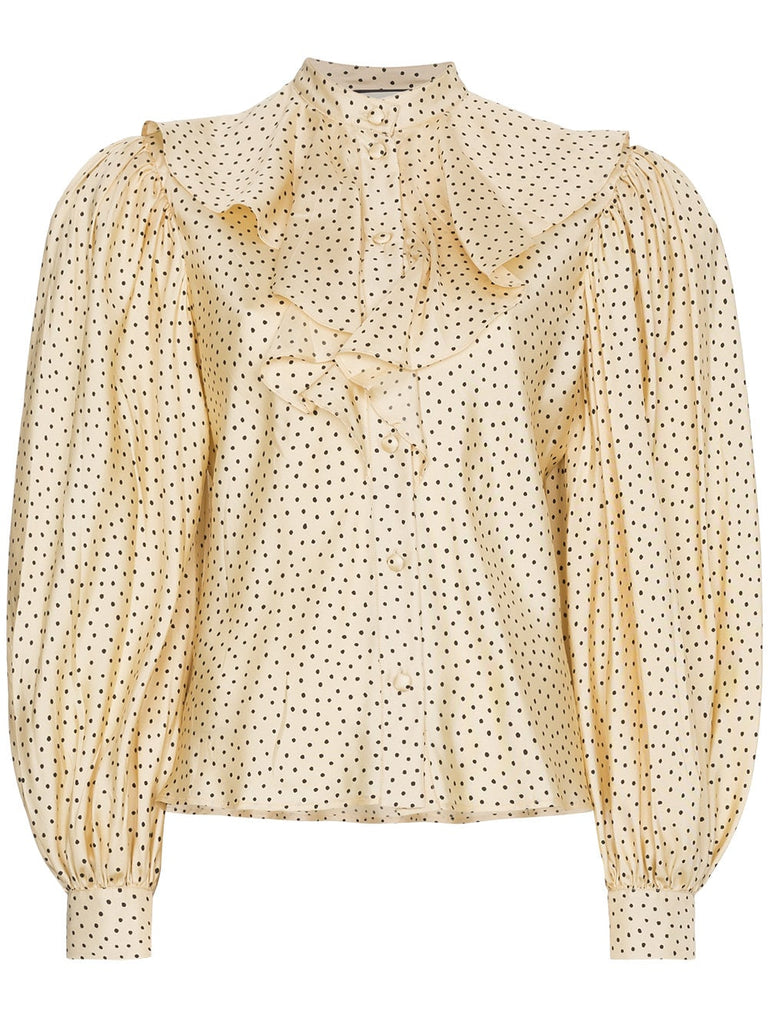 Silk polka dot ruffle puff sleeve blouse