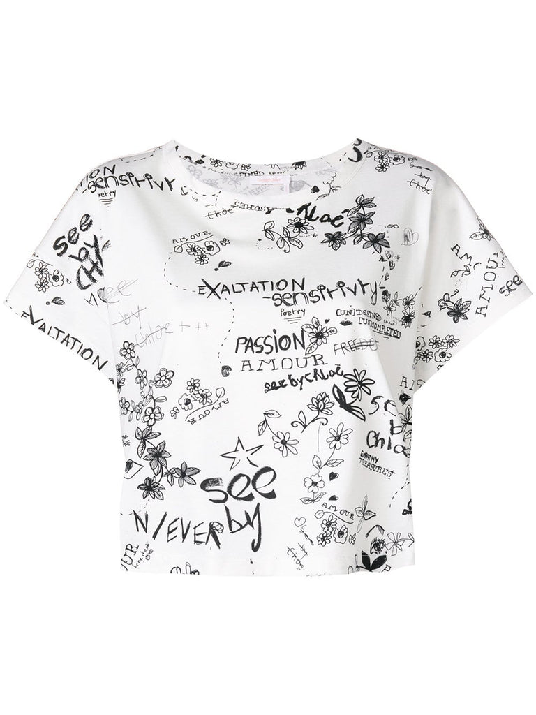 graffiti print short sleeved cropped T-shirt