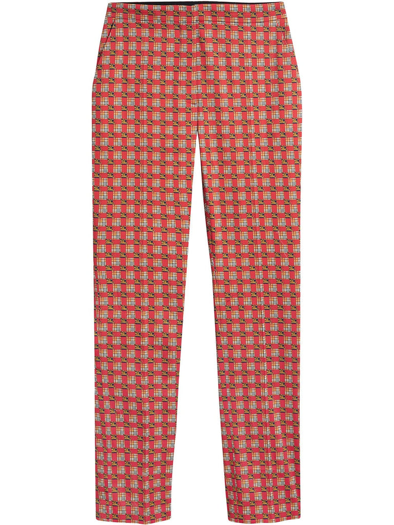 Equestrian Check Print Stretch Cotton Cigarette Trousers