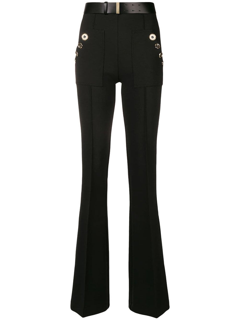 belted flared trousers