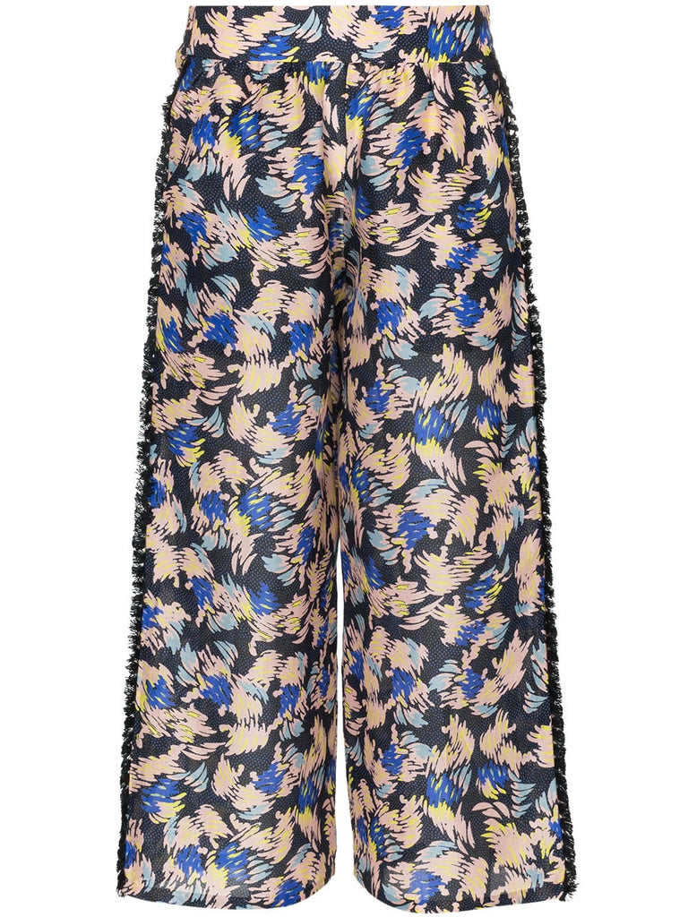 Yuna print silk linen-blend cropped trousers