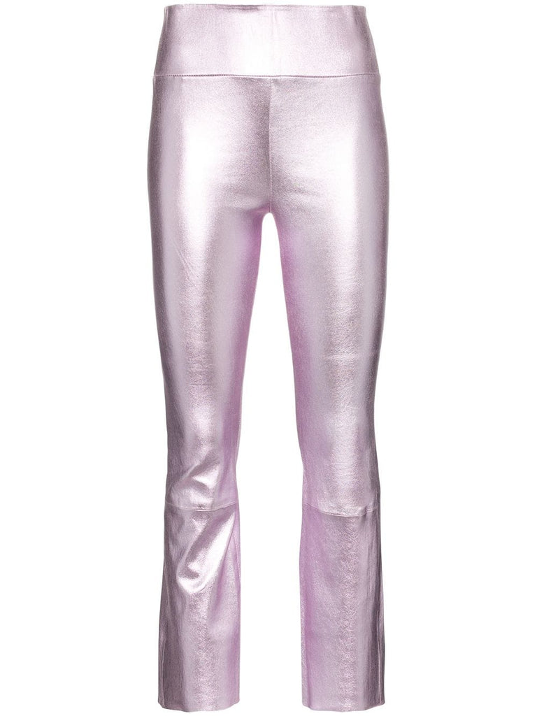 metallic flared leather leggings