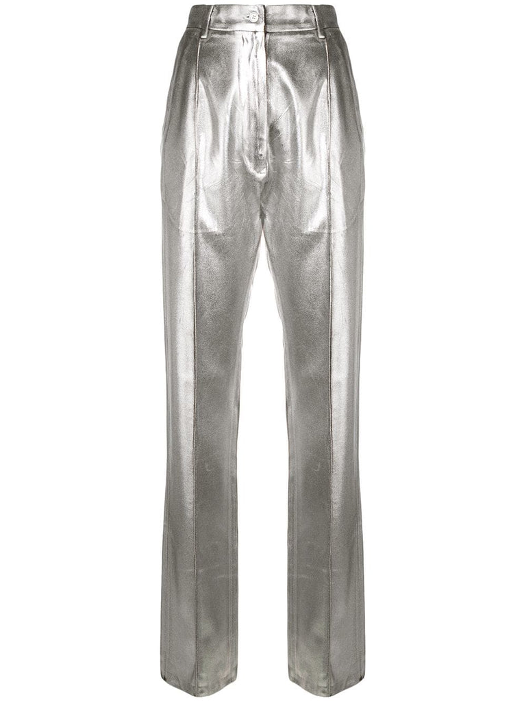 high-waisted metallic trousers