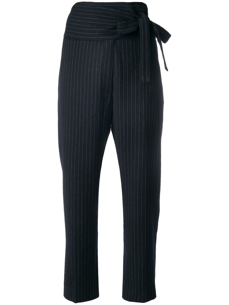 belted pinstripe tapered trousers