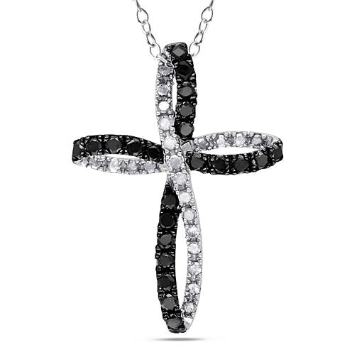 Womens 1 CT. T.W. White & Black Diamond Sterling Silver Cross Pendant Necklace