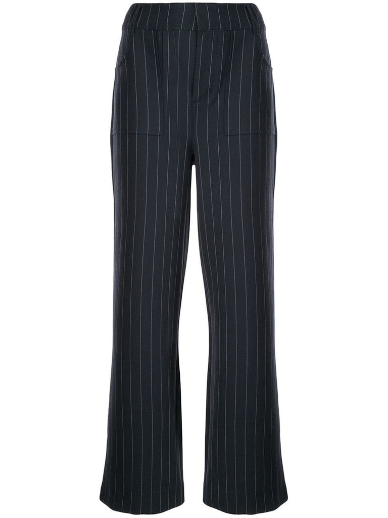 pinstriped wide-leg trousers