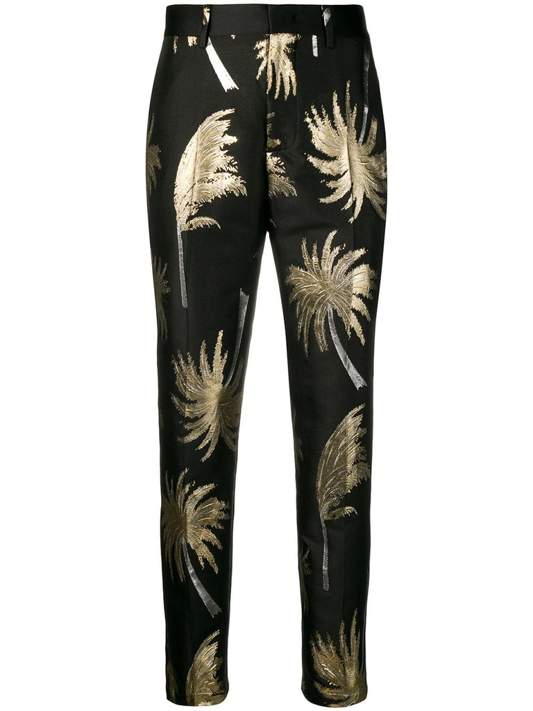 metallic palm tree trousers