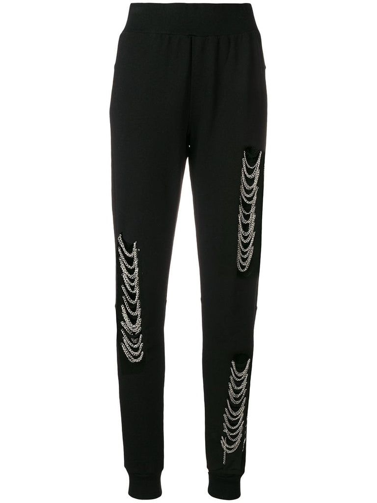 distressed chain embellished track pants