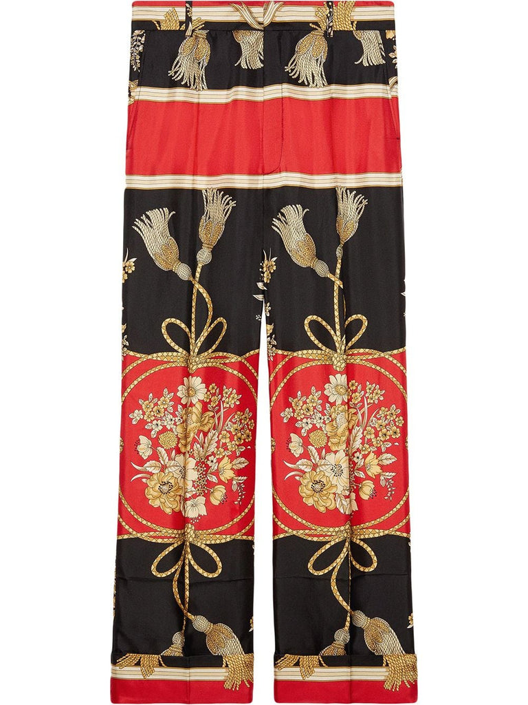 Silk pant with flowers and tassels