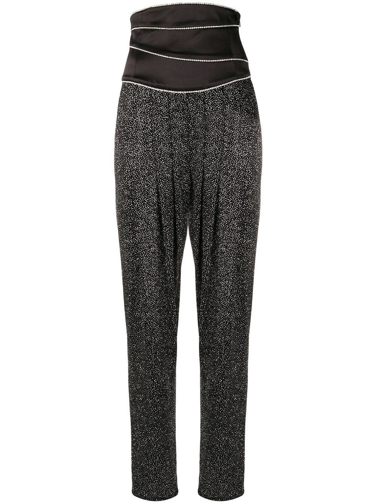 high-waisted rhinestone trousers