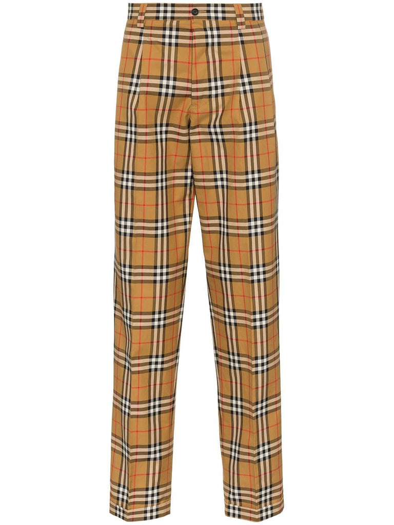 classic check print tailored cotton trousers