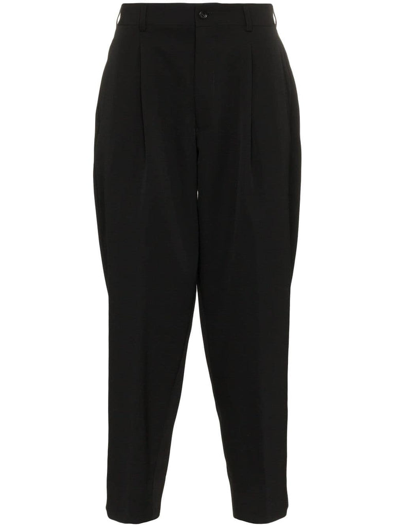 black wide leg cropped wool trousers