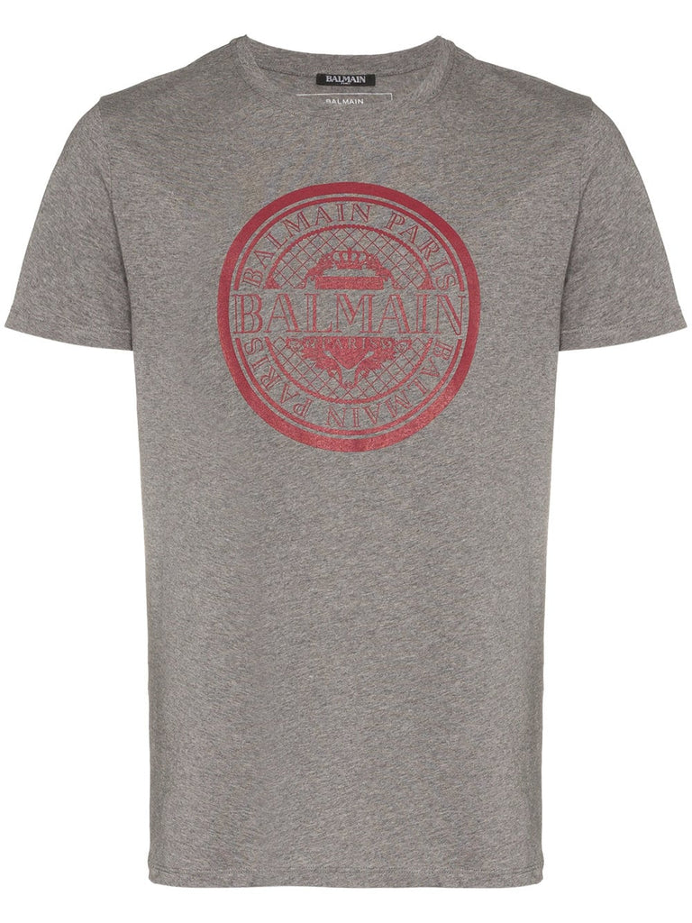 grey and red logo print cotton t shirt