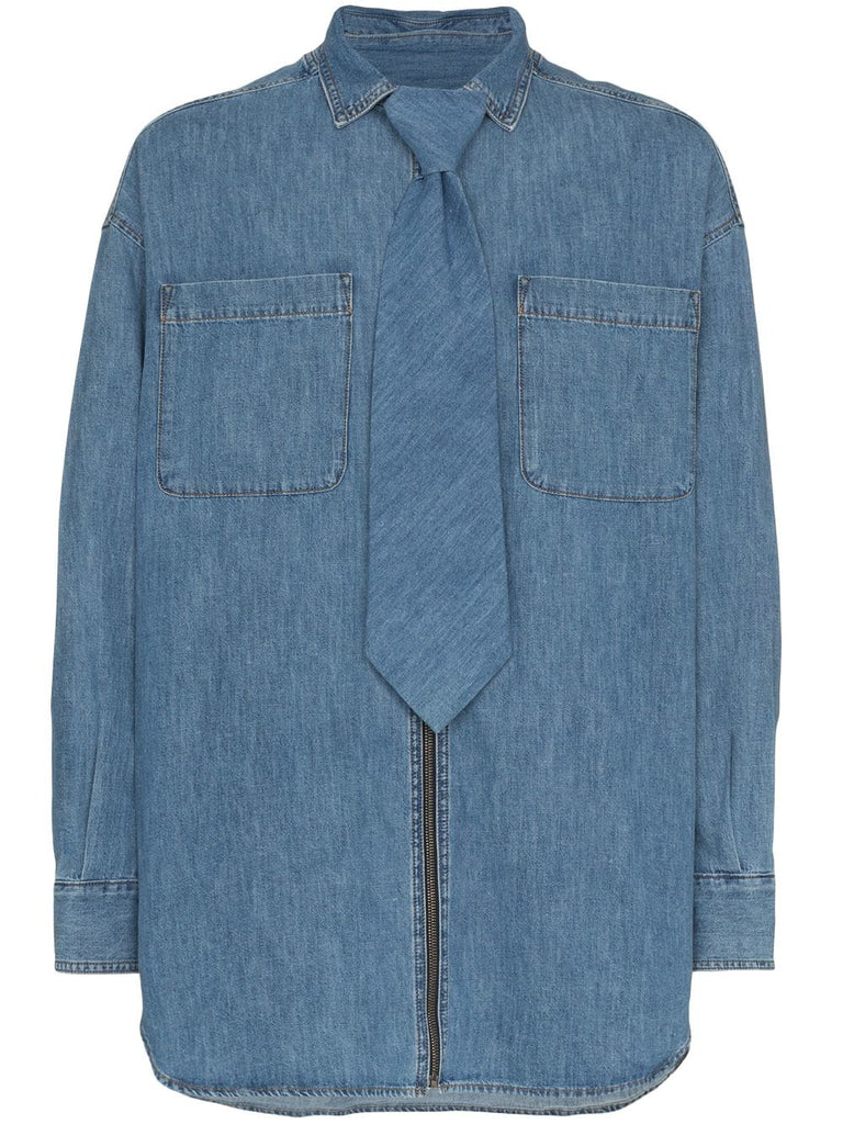 denim zip-up shirt with detachable tie