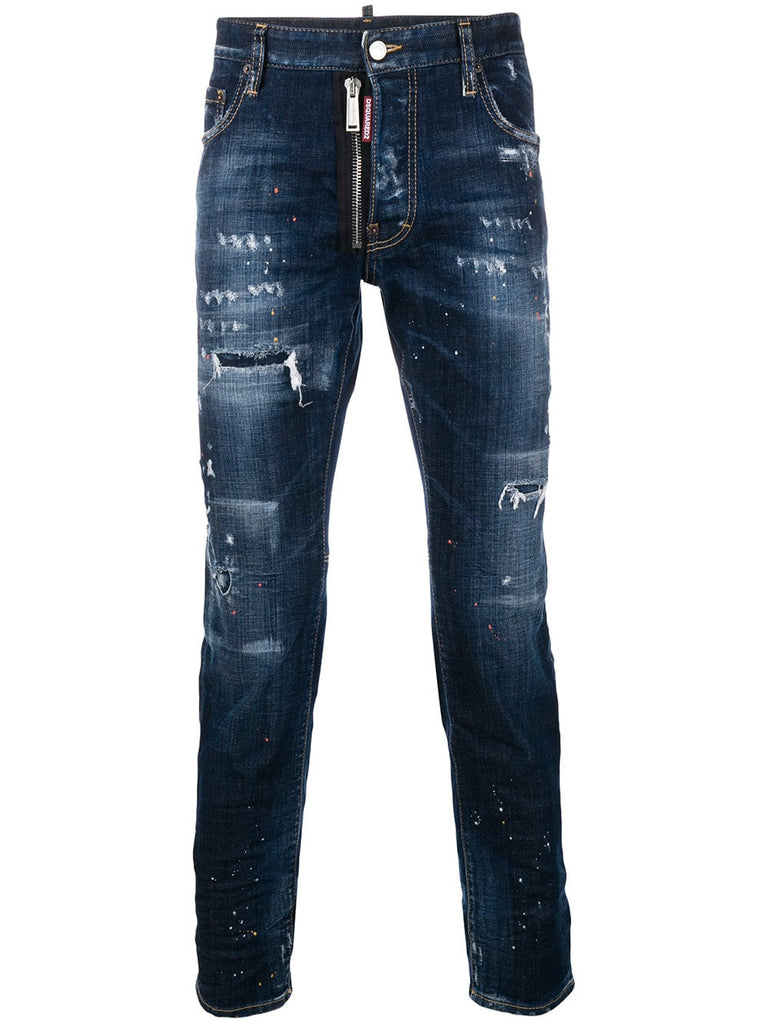 distressed front zip detail jeans