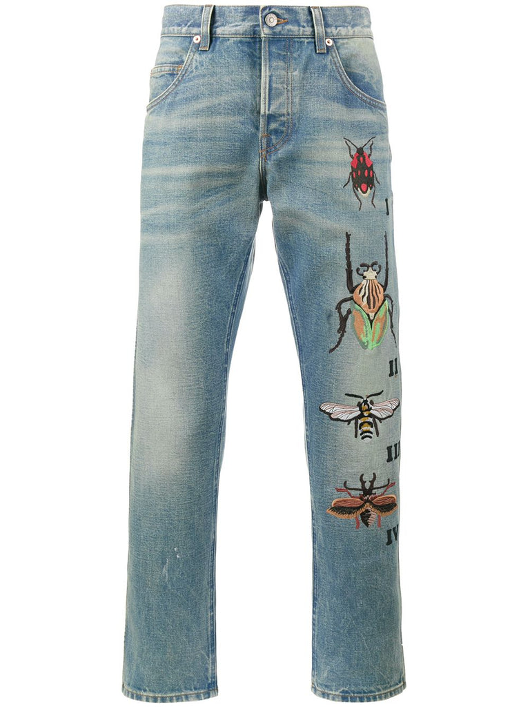 tapered jeans with insect embroidery