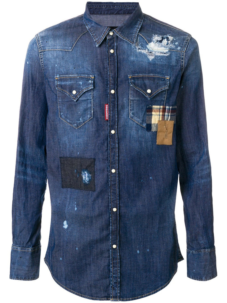 distressed denim patchwork shirt