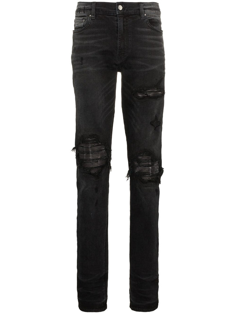 slim-fit distressed cotton and leather jeans