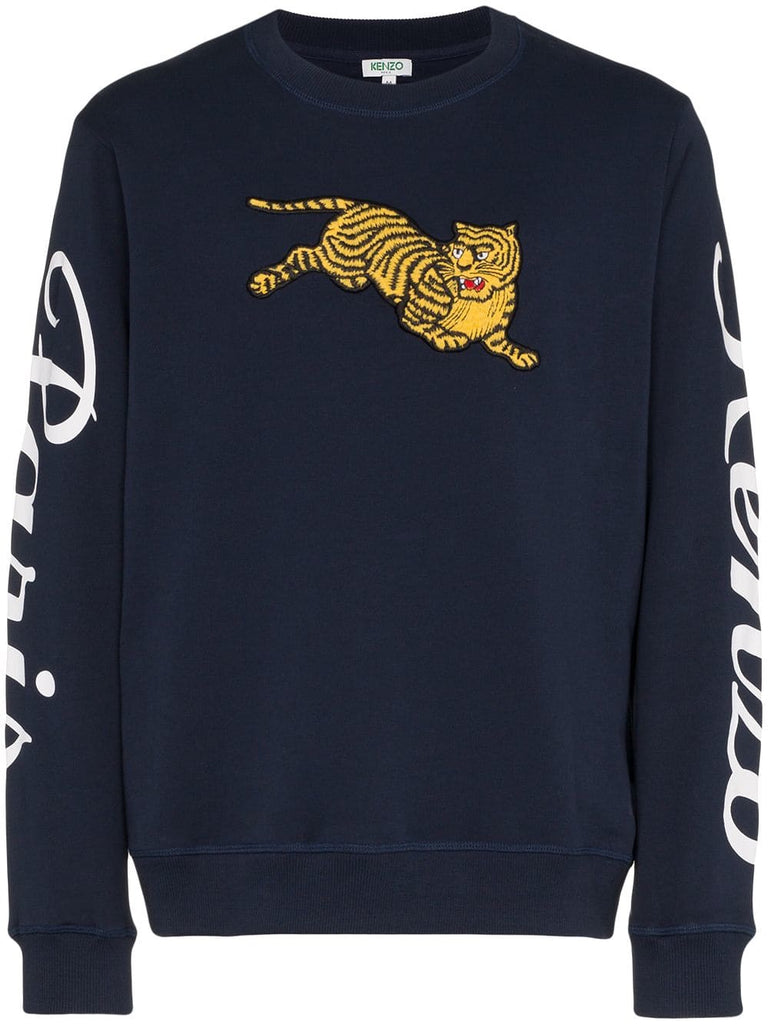 jumping tiger embroidered logo print cotton sweatshirt