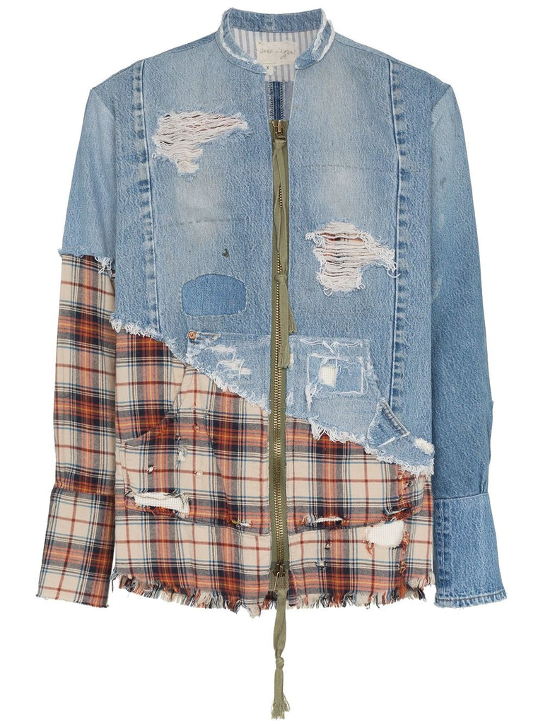 check distressed cotton bomber jacket