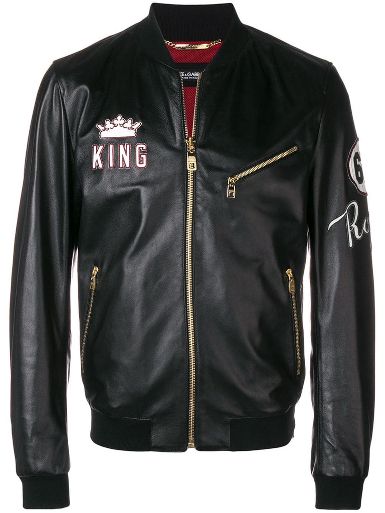 king patch leather bomber jacket