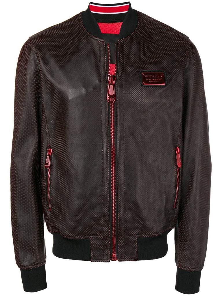 zipped leather bomber jacket