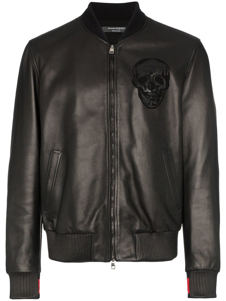 skull embossed leather bomber jacket