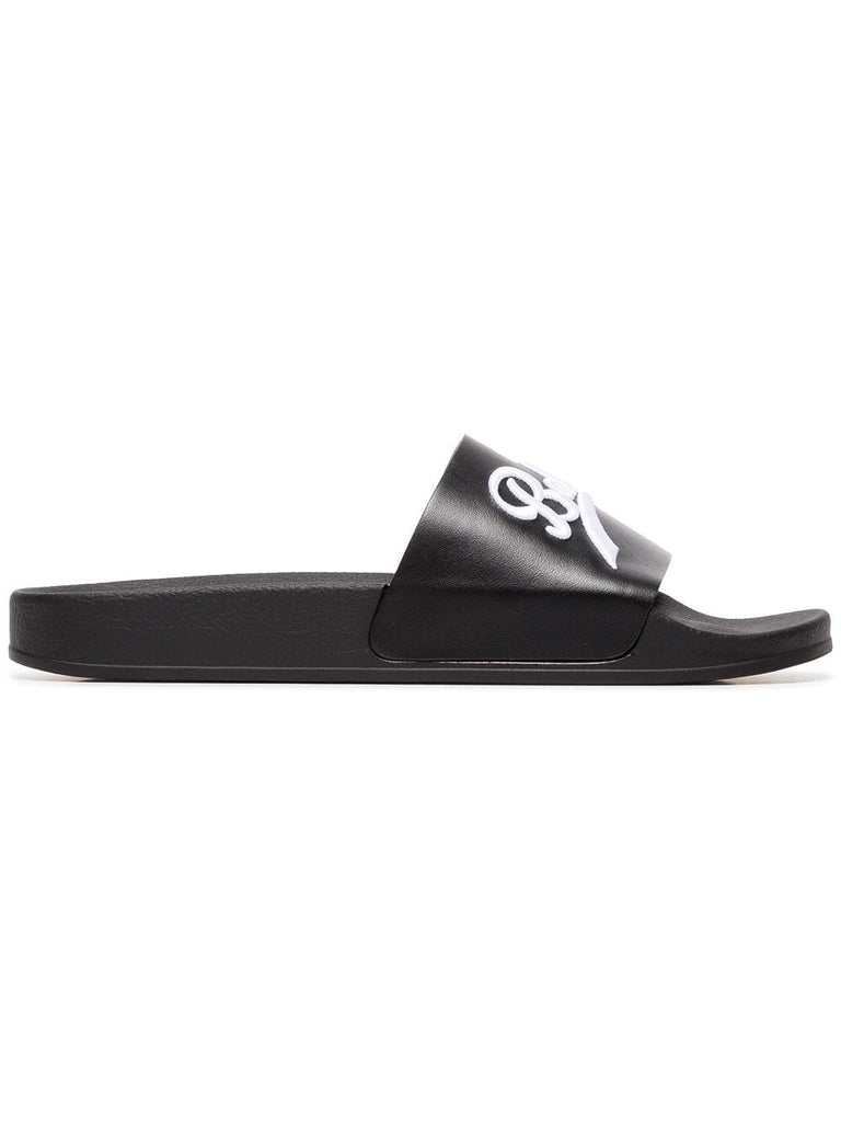 black embroidered logo slides