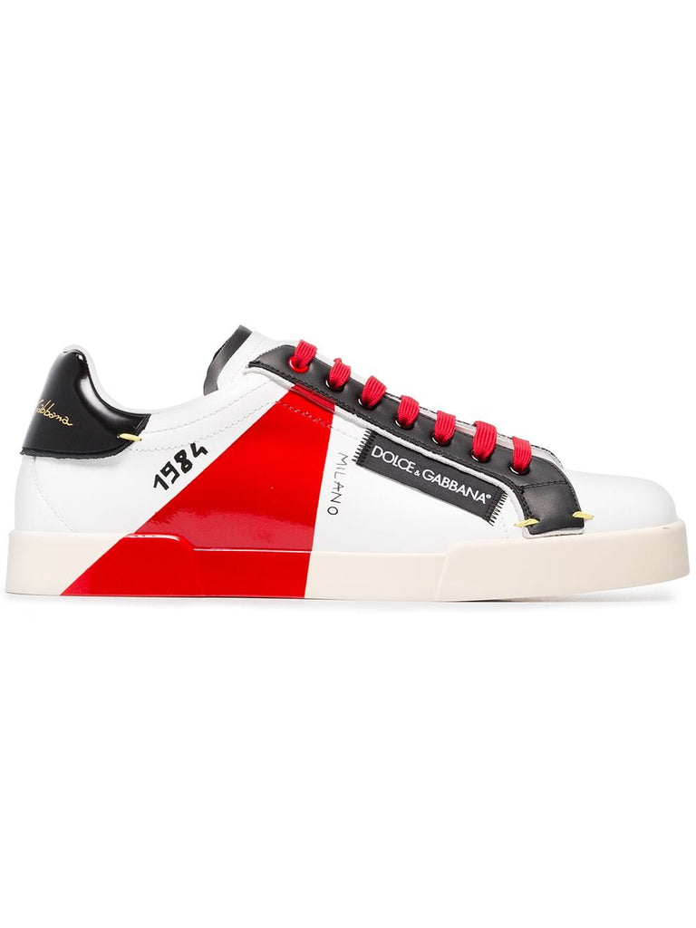 white, black and red portofino leather sneakers