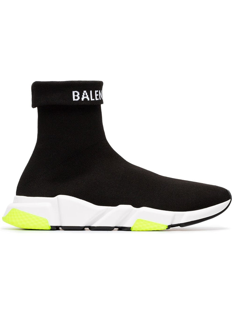 black, white and yellow speed sock sneakers