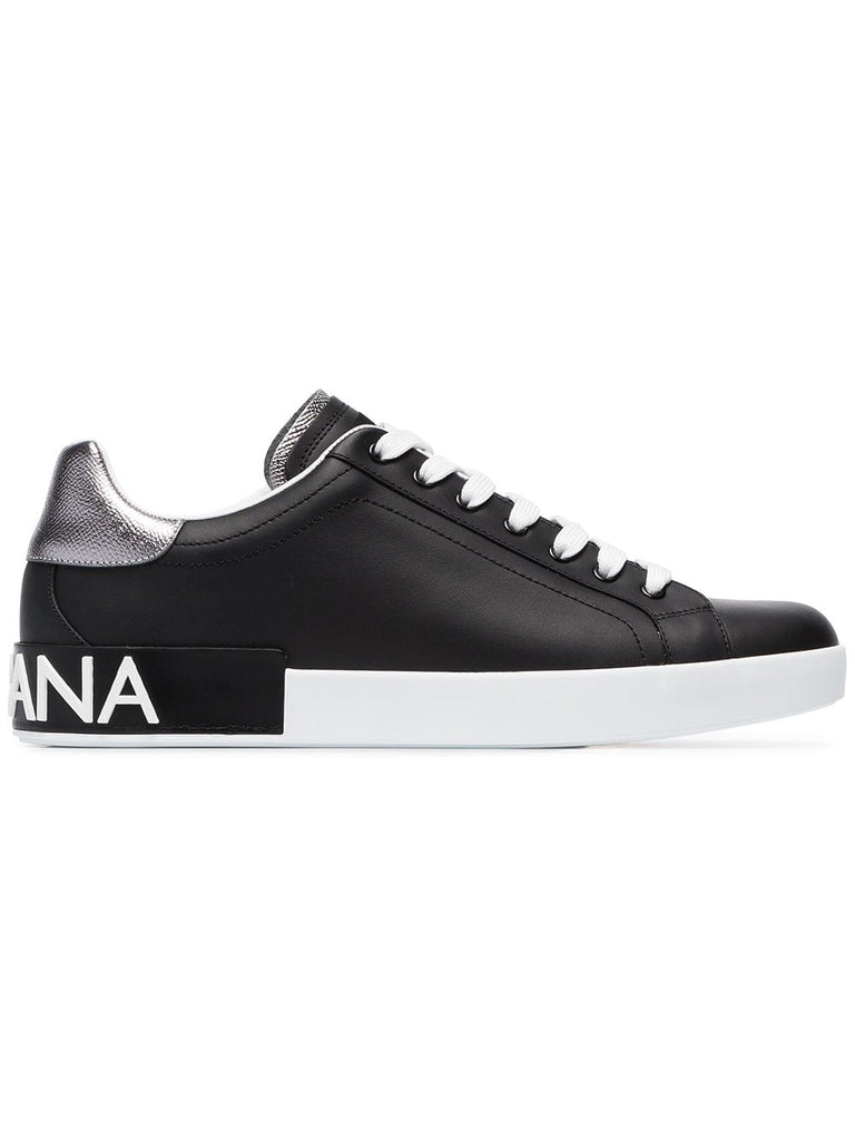 black and silver metallic portofino logo leather sneakers