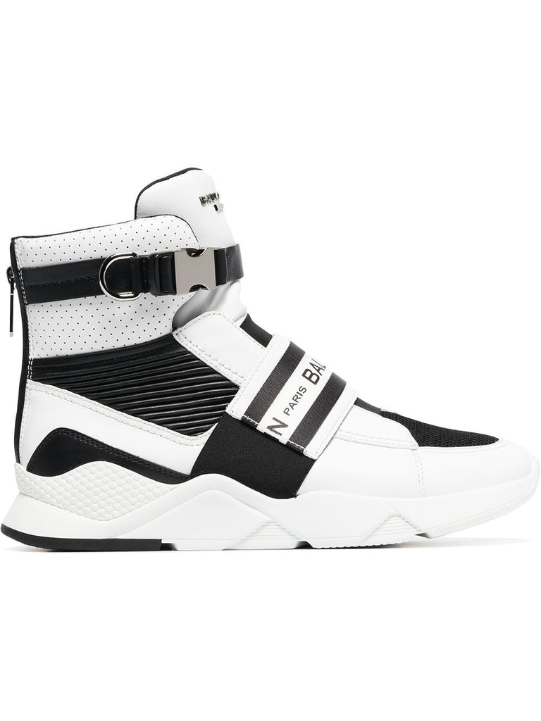 black and white logo print mesh leather high-top sneakers