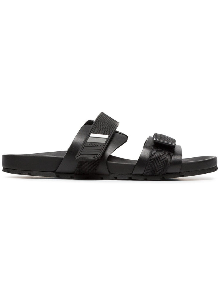 black logo leather sandals