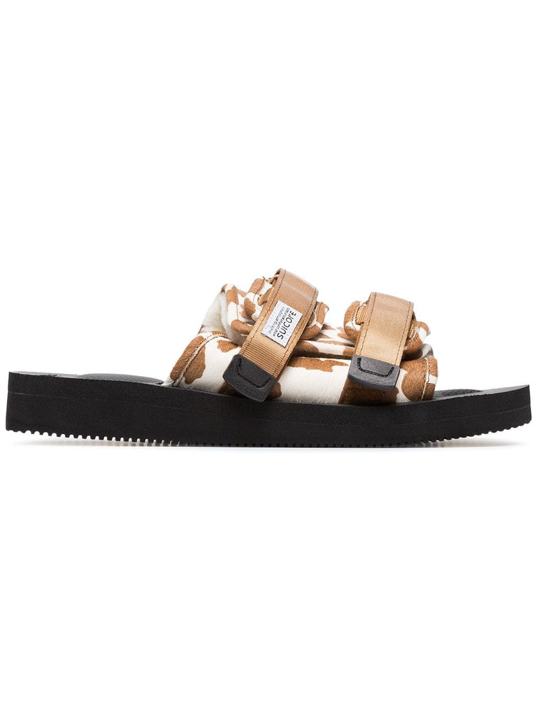 Brown and White Cow Print Calf Hair and Sheep Skin Sandals