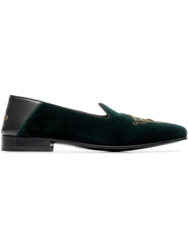 green crest embroidered velvet loafers