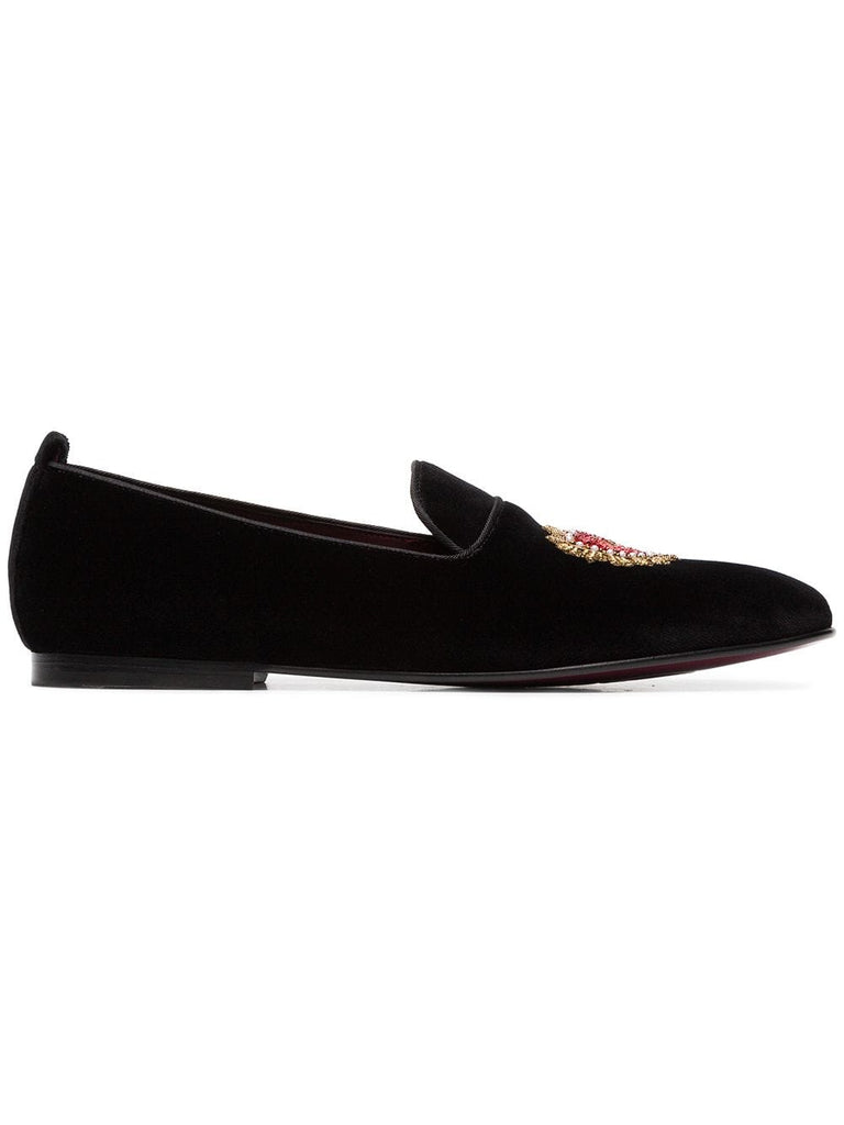 black and red heart embroidered velvet loafers