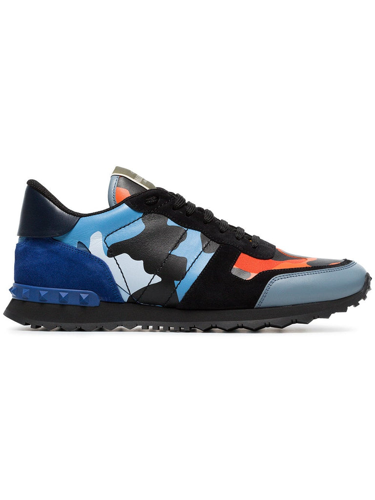 black, blue and orange camouflage rockrunner leather sneakers