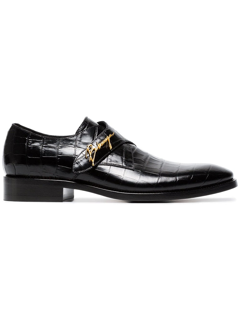 Black croc gold buckle leather monk shoes