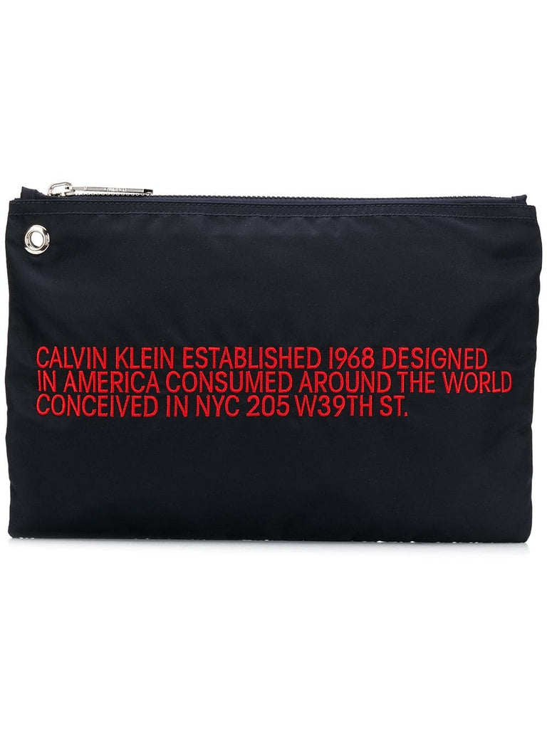 slogan embroidered clutch bag