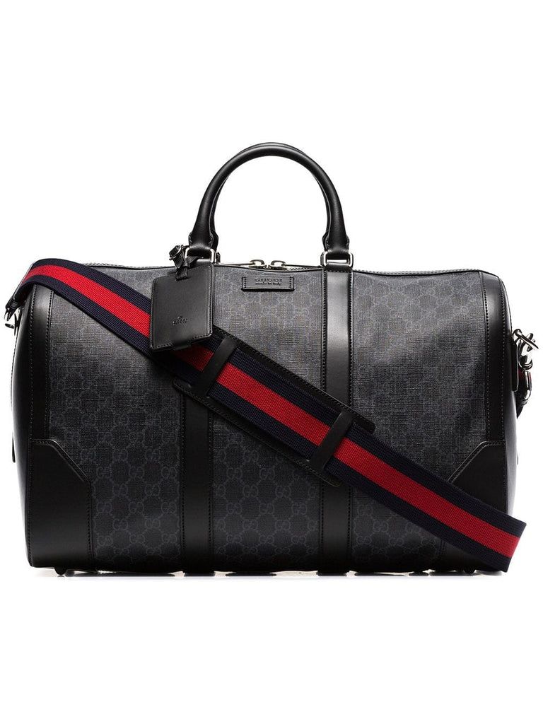 black logo print leather trim canvas duffle bag