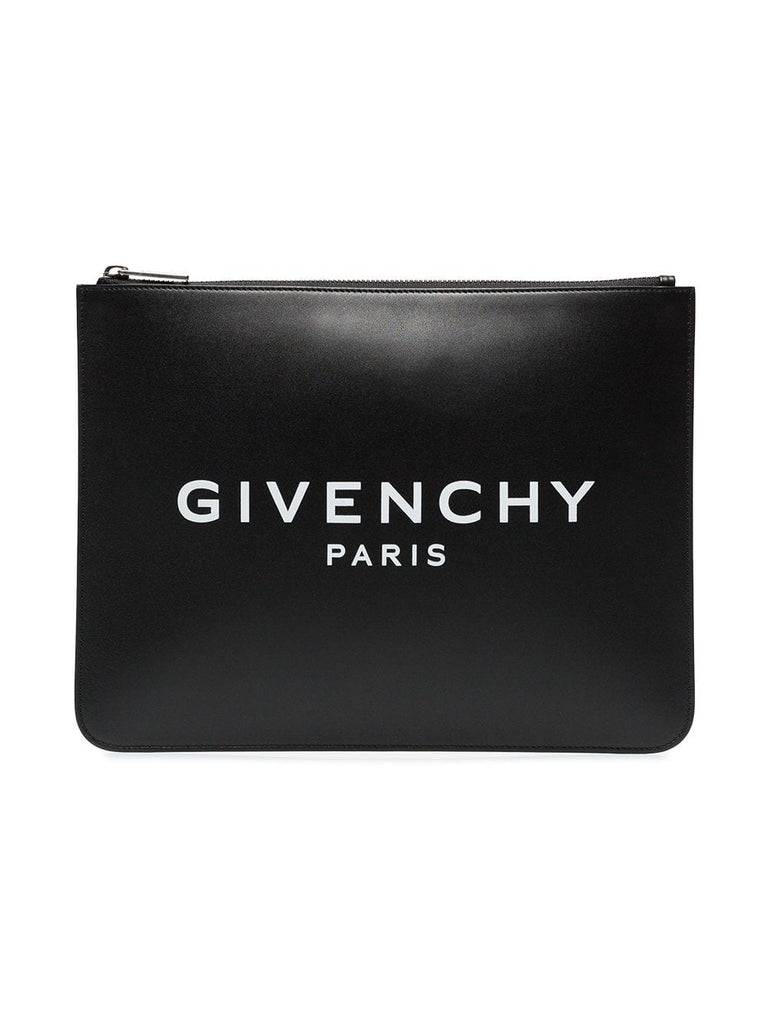 black logo leather clutch