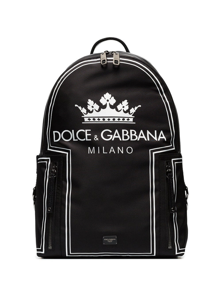 black and white crown logo print backpack