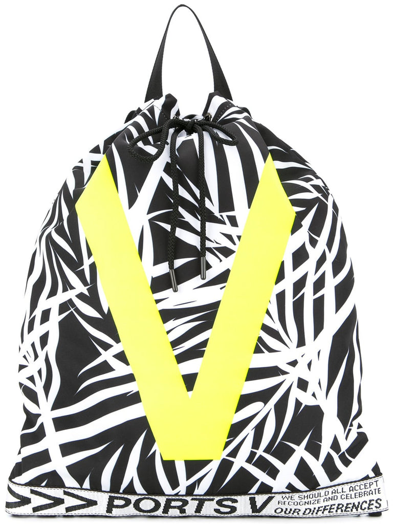 leaf print backpack with contrast V print