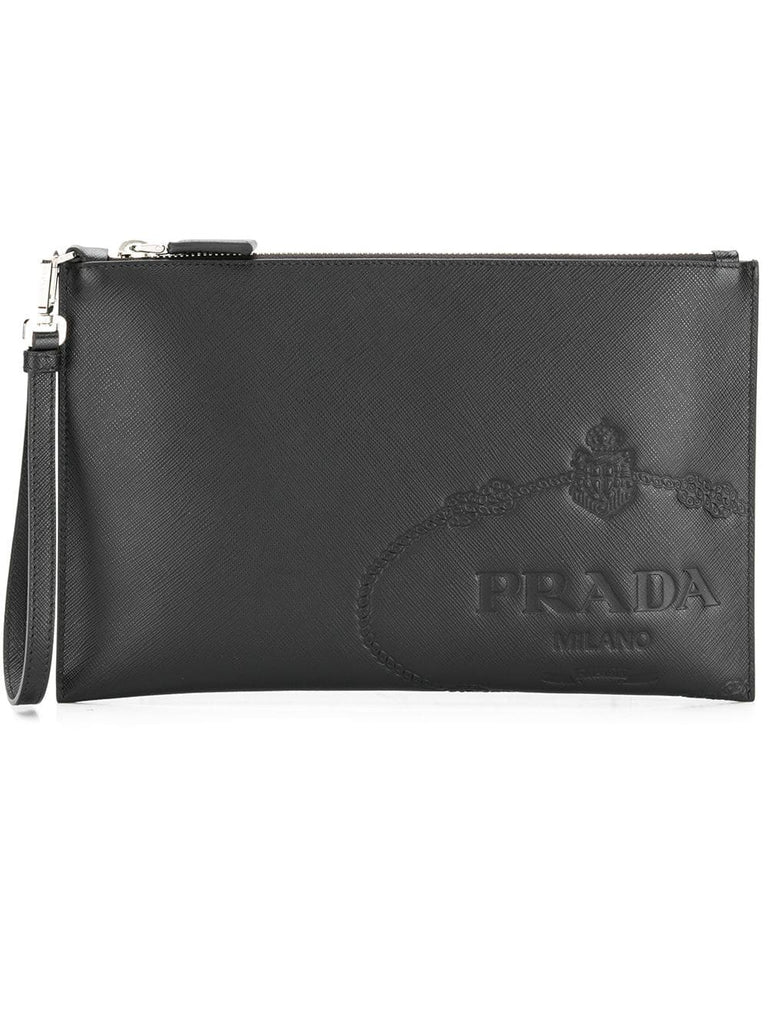 logo embossed zipped clutch