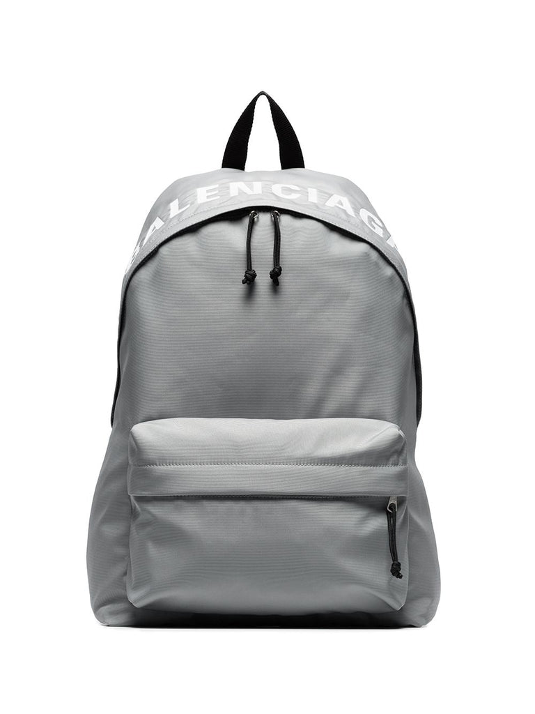 black and grey Wheel logo embroidered backpack