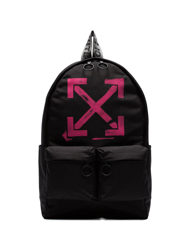 black and pink arrows logo backpack