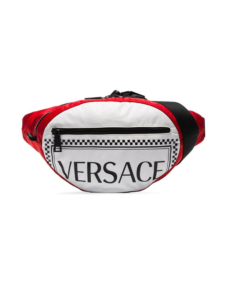 red and white logo cross body bag