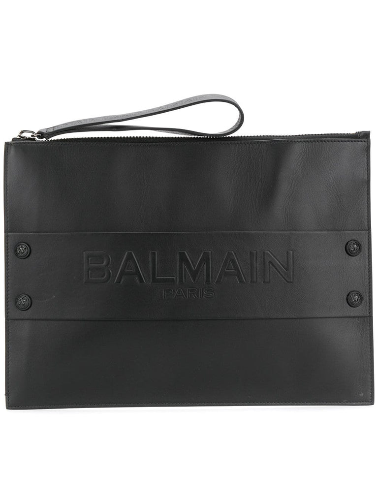 embossed logo clutch bag